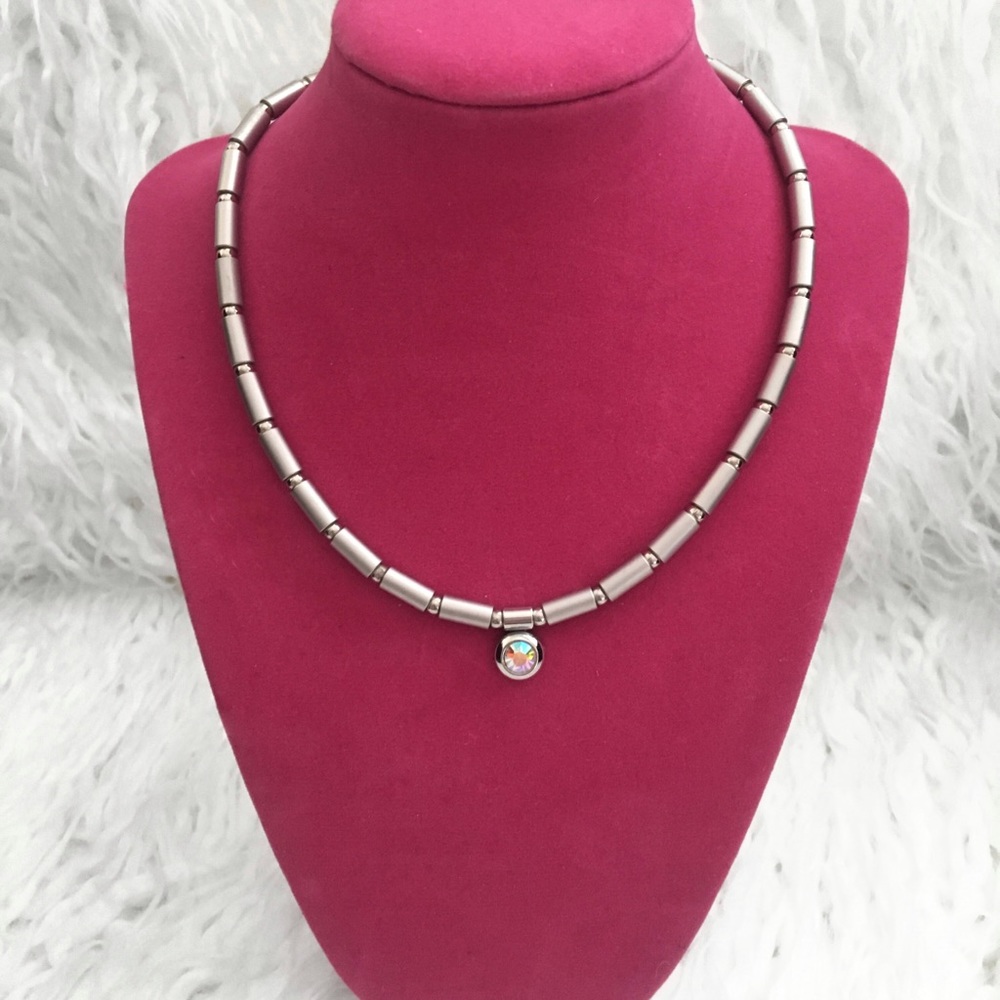 Silver necklace with multi colour rhinestone